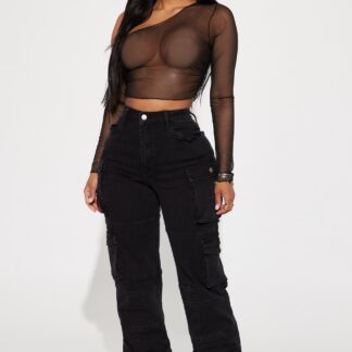 Jeans Cargo de Pierna Recta y Cintura Alta - Negros