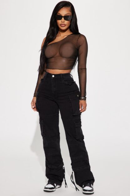 Jeans Cargo de Pierna Recta y Cintura Alta - Negros