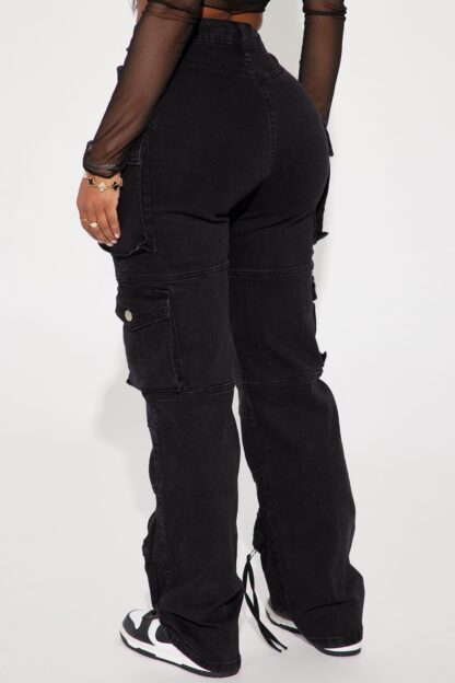 Jeans Cargo de Pierna Recta y Cintura Alta - Negros - Image 3
