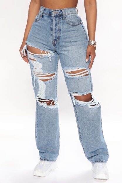 Jeans Rectos Desgastados de Tiro Alto y Pierna Recta - Image 9