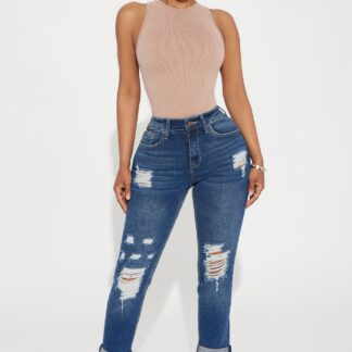 Jeans Boyfriend de Cintura Alta con Desgaste y Puño Enrollado