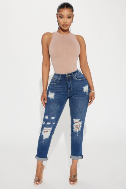 Jeans Boyfriend de Cintura Alta con Desgaste y Puño Enrollado
