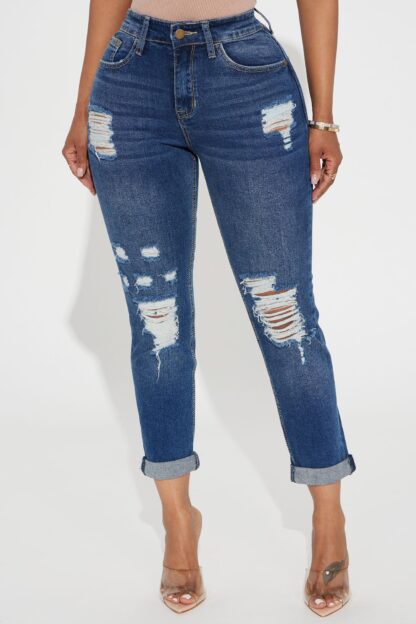 Jeans Boyfriend de Cintura Alta con Desgaste y Puño Enrollado - Image 2