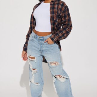 Jeans Rectos Desgastados de Tiro Alto y Pierna Recta