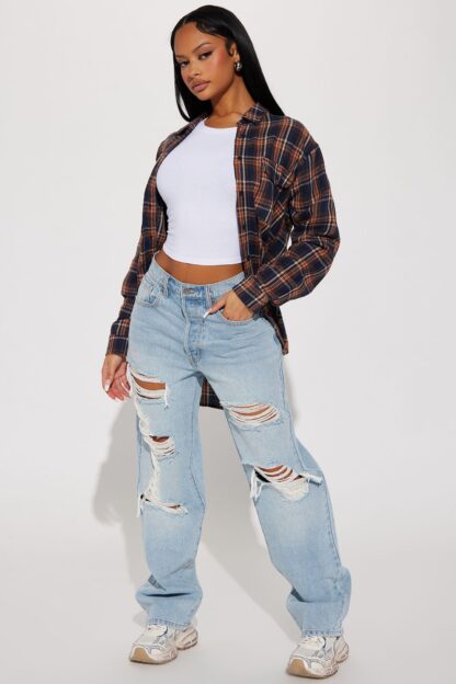 Jeans Rectos Desgastados de Tiro Alto y Pierna Recta
