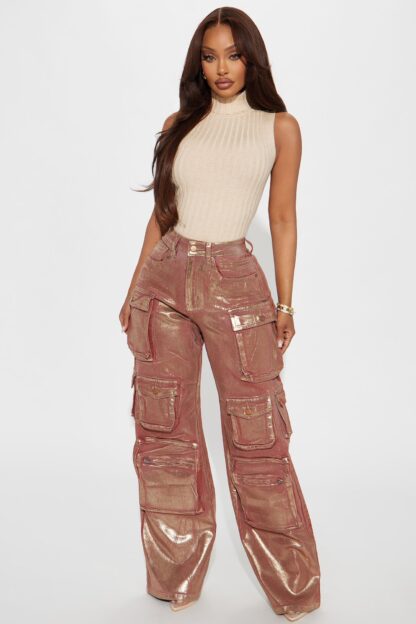 Jeans Cargo Amplios Brillo Metálico